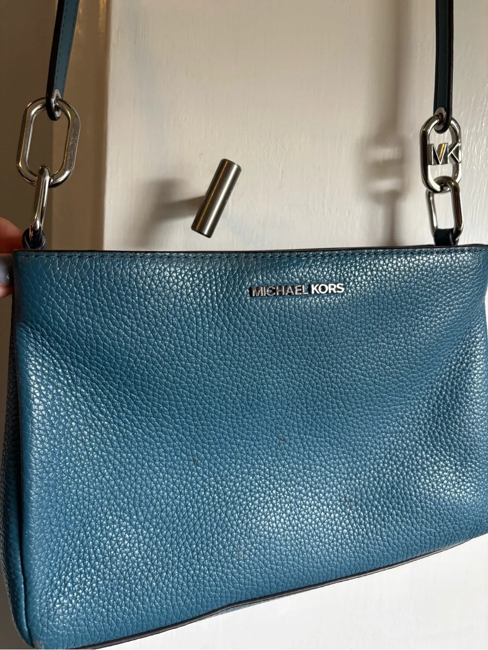 Michael Kors Blue Pebbled Leather Crossbody Bag with Silver Hardware